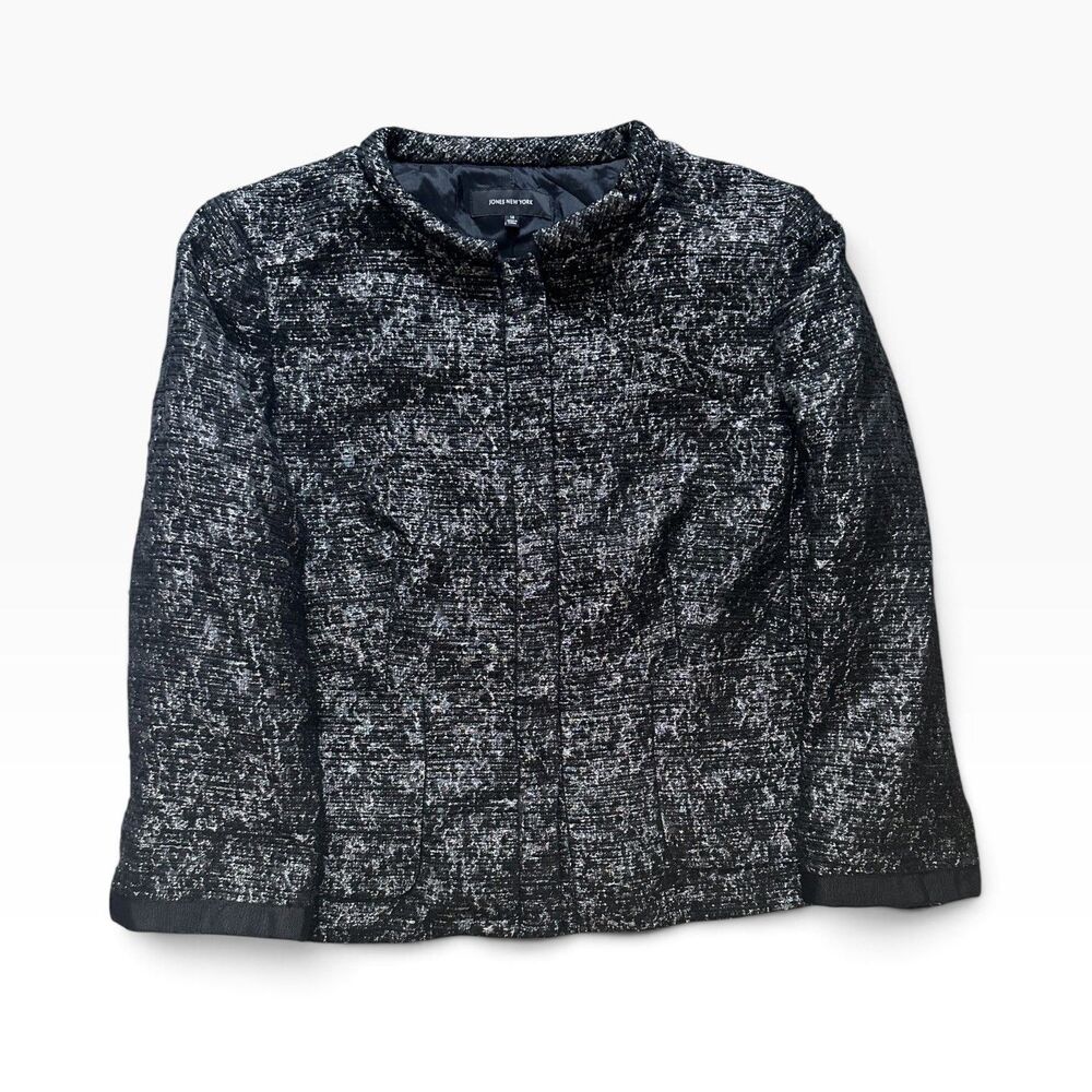 Jones New York Textured Metallic Tweed Jacket Womens 14 Collarless Modern Blazer